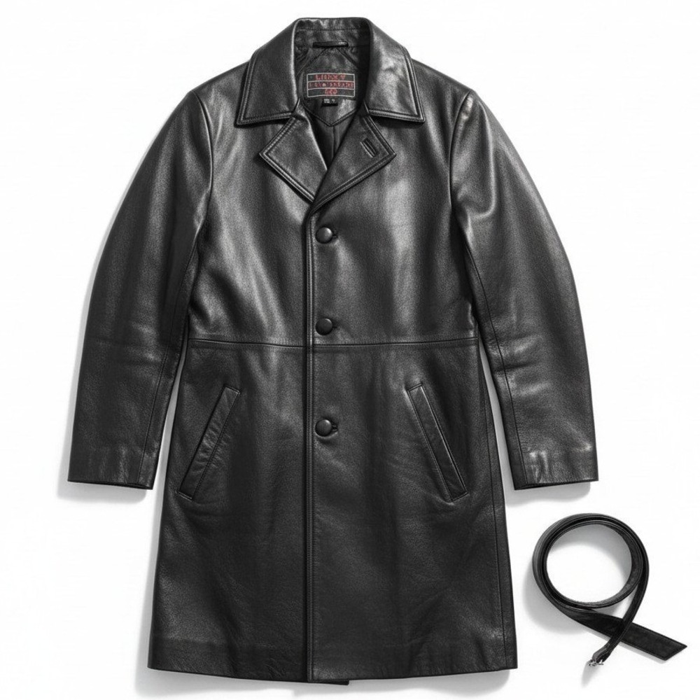 Lucky Leather Co Black Genuine Leather Trench Coat Belted Jacket Womens Large